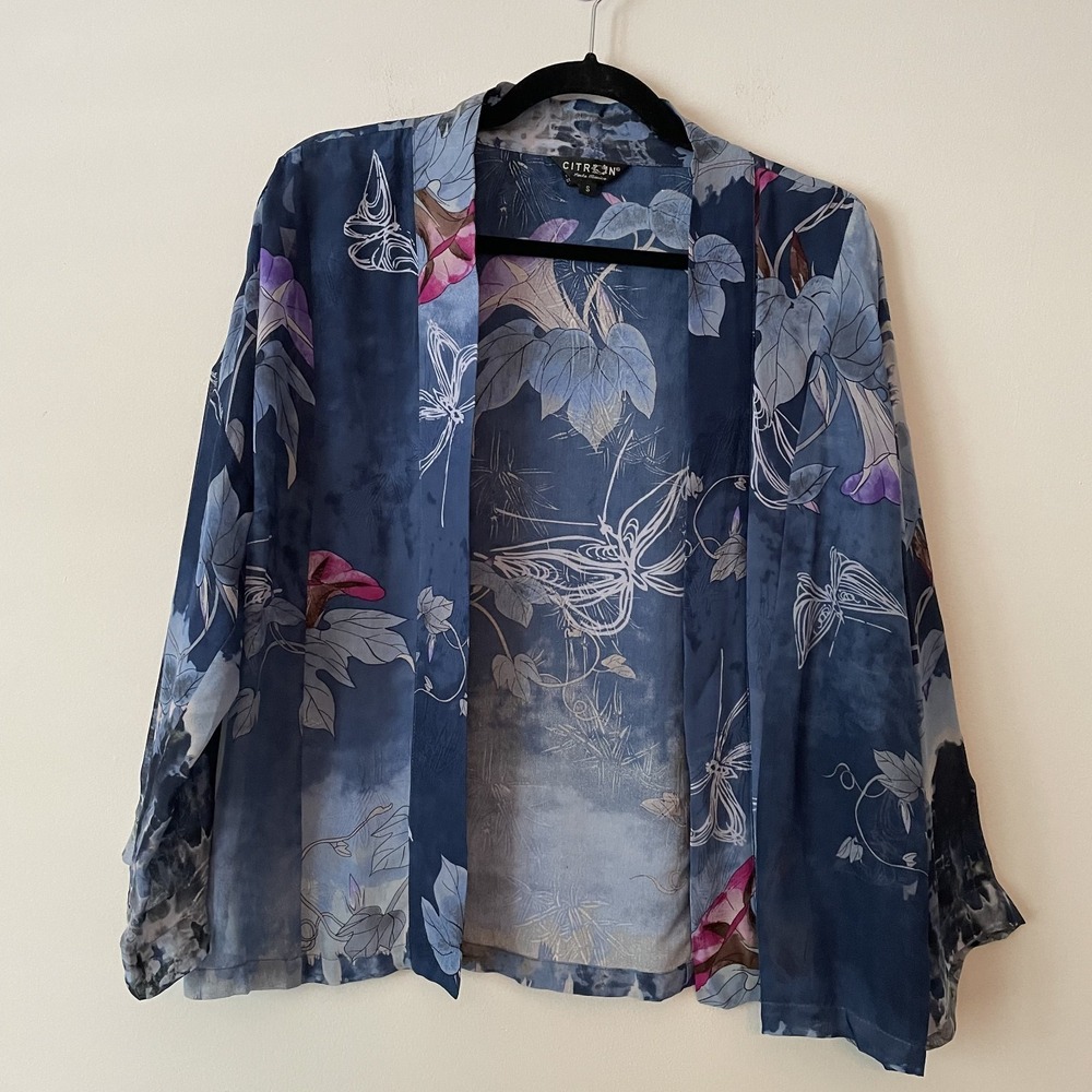 Citron 100% Silk Butterfly Open Front Kimono Cardigan Size S Fairy Floral Y2K